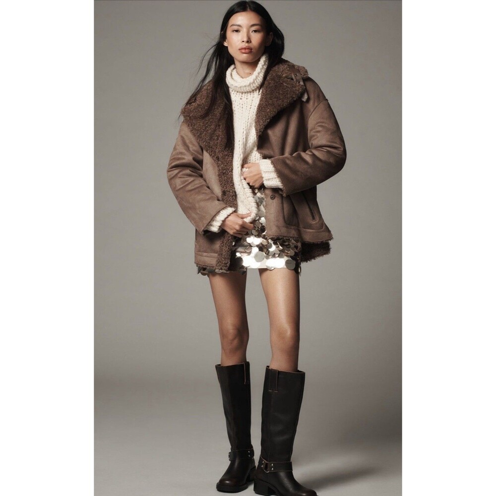 Anthropologie Pilcro Coat Brown Women Reversible Faux Shearling Retro Medium NWT